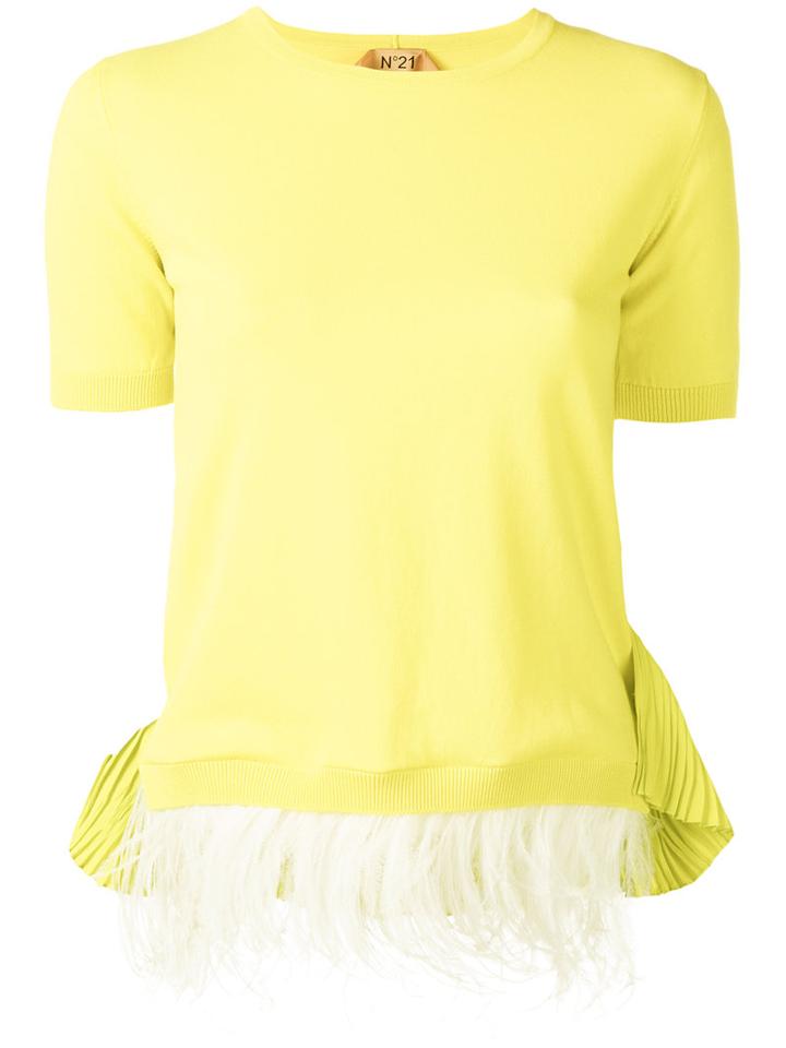 No21 - Feather Trim T-shirt - Women - Silk/cotton/feather - 42, Yellow/orange, Silk/cotton/feather