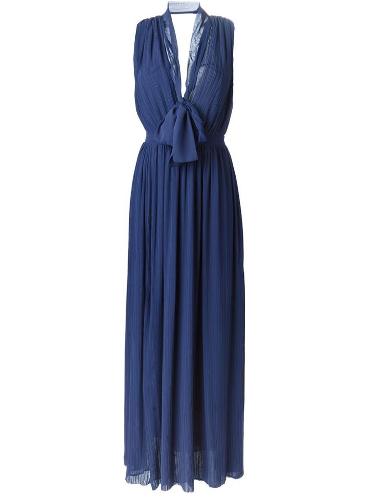 Msgm Pussy Bow Evening Dress, Women's, Size: 48, Blue, Polyester/silk