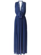 Msgm Pussy Bow Evening Dress, Women's, Size: 48, Blue, Polyester/silk