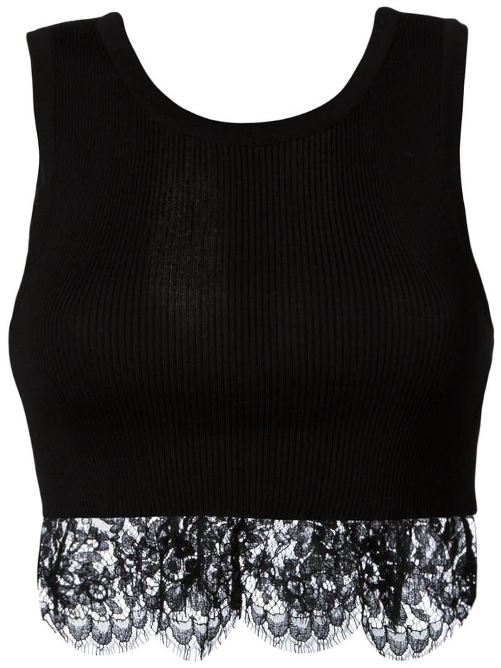 Alberta Ferretti - Lace Hem Ribbed Top - Women - Cotton - 44, Black, Cotton