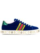 Gucci Faux Pearl Embellished Striped Sneakers - Blue