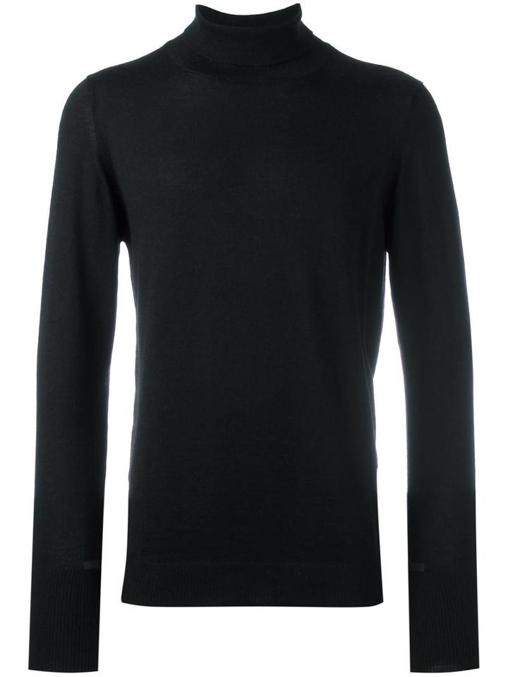 The Inoue Brothers Leather Trim Turtle Neck Jumper, Men's, Size: Large, Black, Alpaca/leather