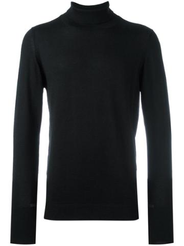 The Inoue Brothers Leather Trim Turtle Neck Jumper, Men's, Size: Large, Black, Alpaca/leather