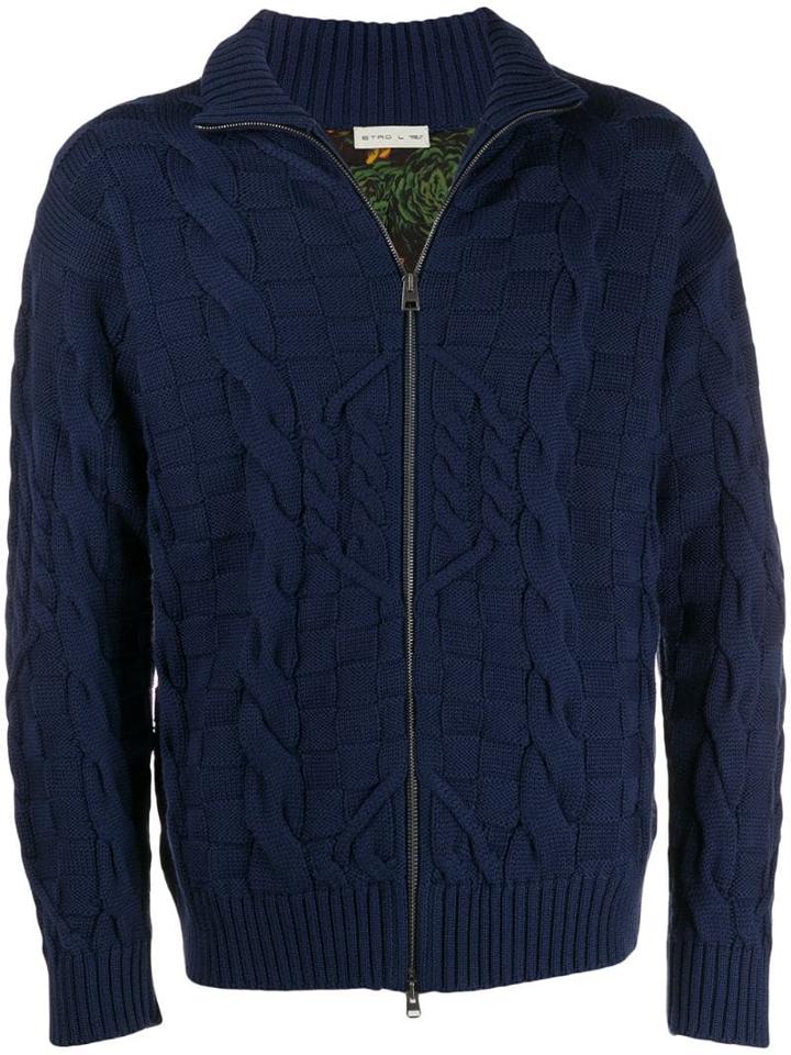 Etro Checkered Cabke-knit Cardigan - Blue