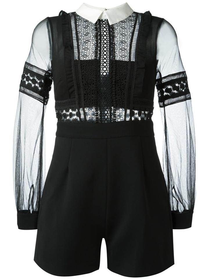 Self-portrait Balloon Sleeve Playsuit - Black