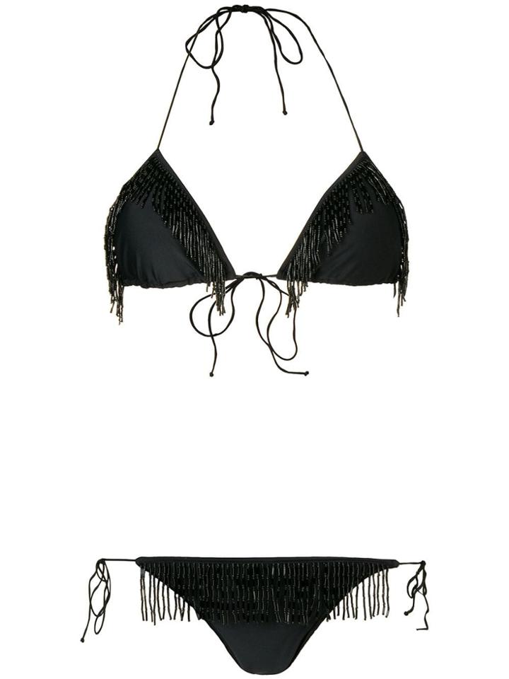 Oseree Fringe Bikini Set - Black