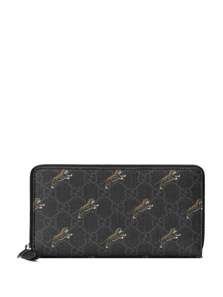Gucci Gg Zip Around Wallet With Tiger Print - Black