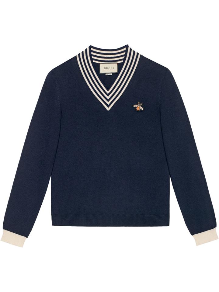 Gucci V-neck Wool Knit With Bee - Blue