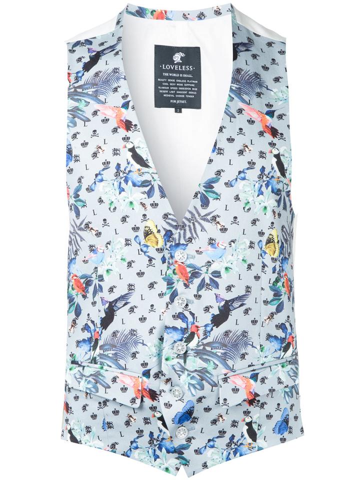 Loveless Birds Print Gilet, Men's, Size: 3, Blue, Cotton/polyurethane