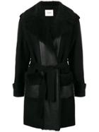 Max & Moi Shearling Collar Belted Coat - Black