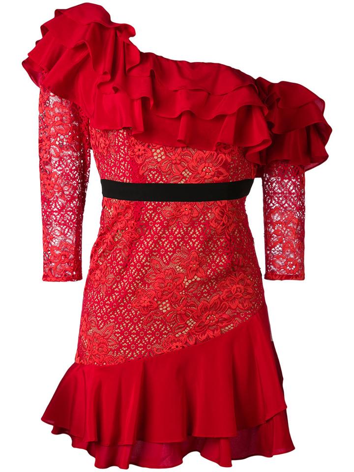 For Love And Lemons - Ruffled Lace Dress - Women - Nylon/polyester/spandex/elastane - Xs, Red, Nylon/polyester/spandex/elastane