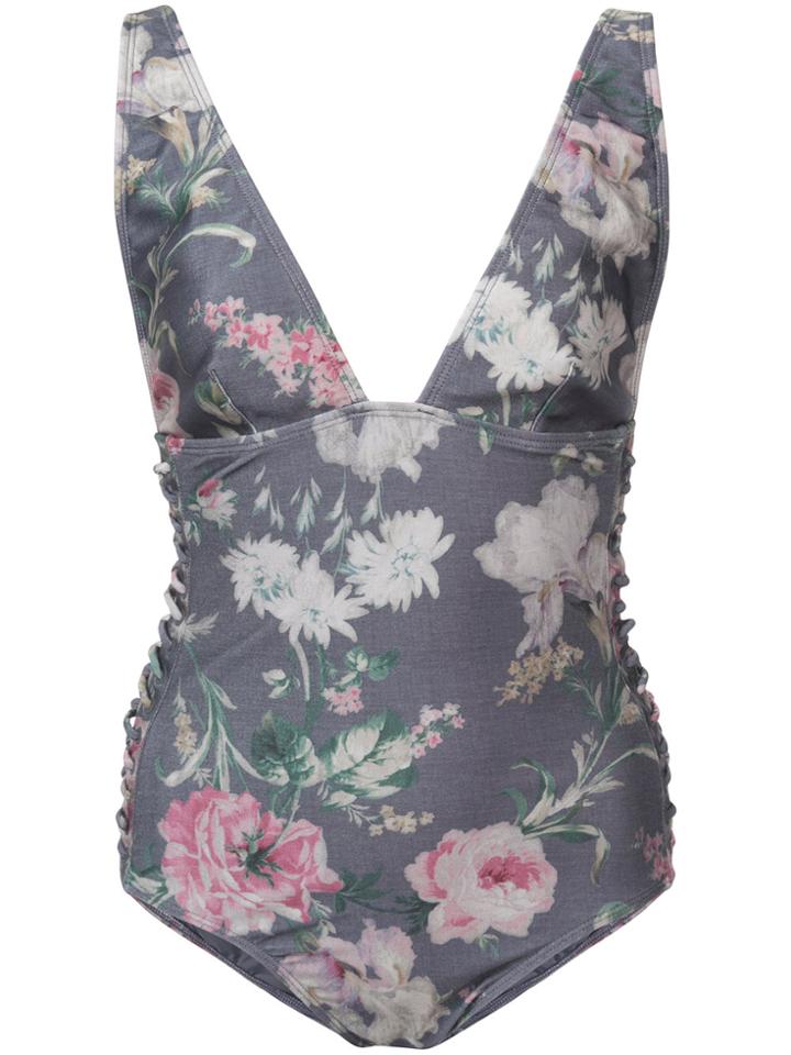 Zimmermann Side Lace Floral One-piece - Grey