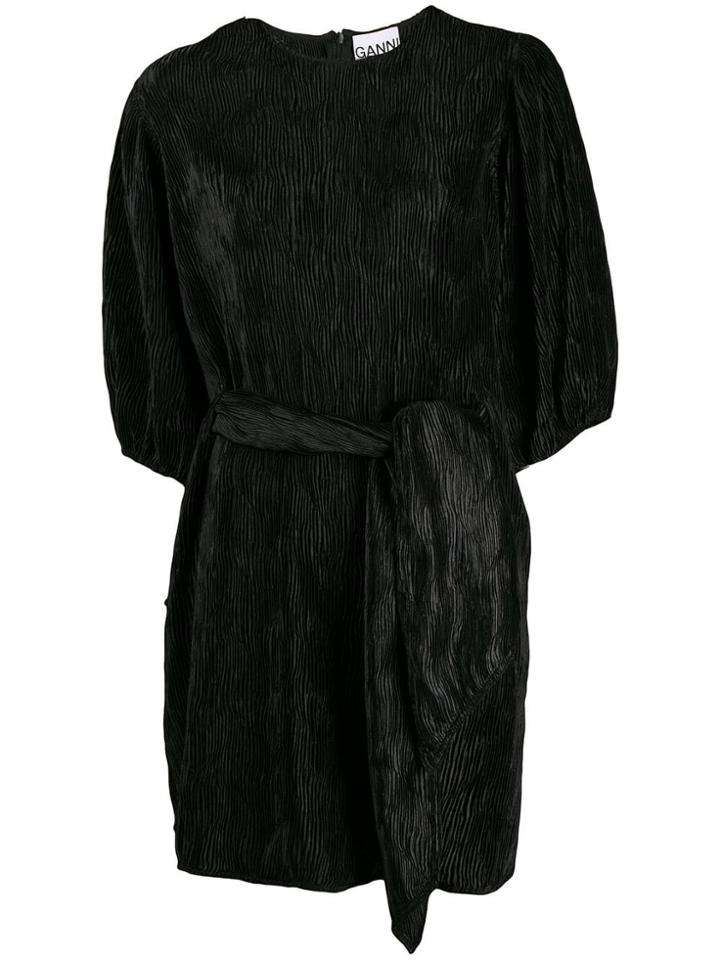 Ganni Textured Tie Waist Dress - Black