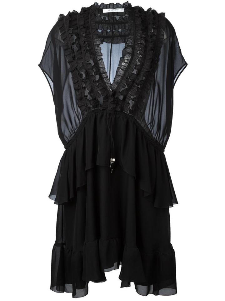 Givenchy Ruffle Trim Sheer Panel Dress - Black