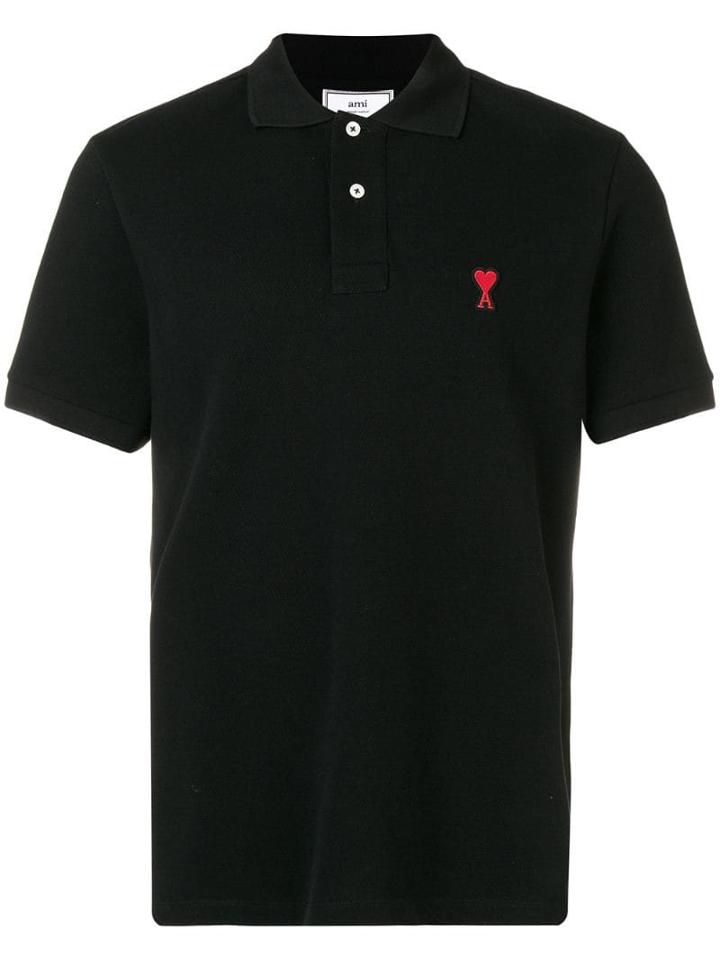 Ami Paris Short Sleeve Polo Shirt With Red Ami De Coeur Patch - Black