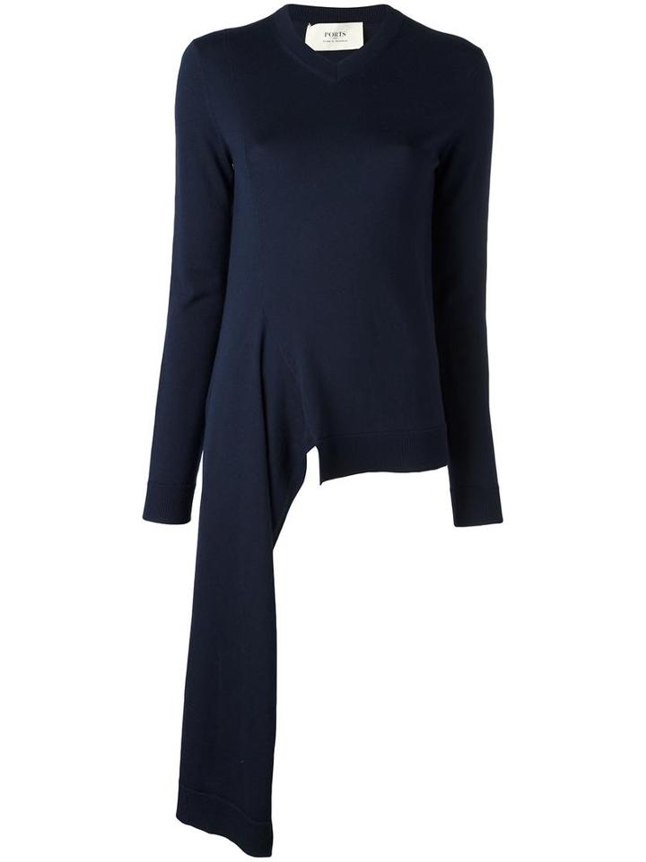 Ports 1961 V-neck Asymmetric Jumper, Women's, Size: Large, Blue, Wool