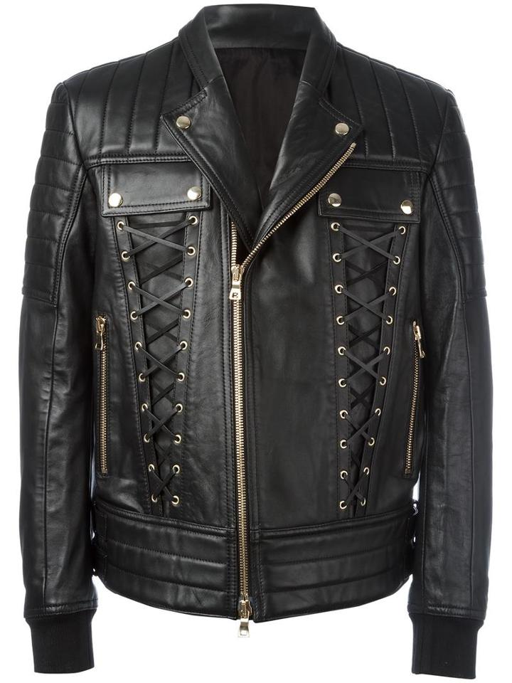 Balmain Lace-up Biker Jacket, Men's, Size: 50, Black, Lamb Skin/cotton/polyester