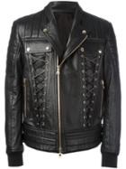 Balmain Lace-up Biker Jacket, Men's, Size: 50, Black, Lamb Skin/cotton/polyester