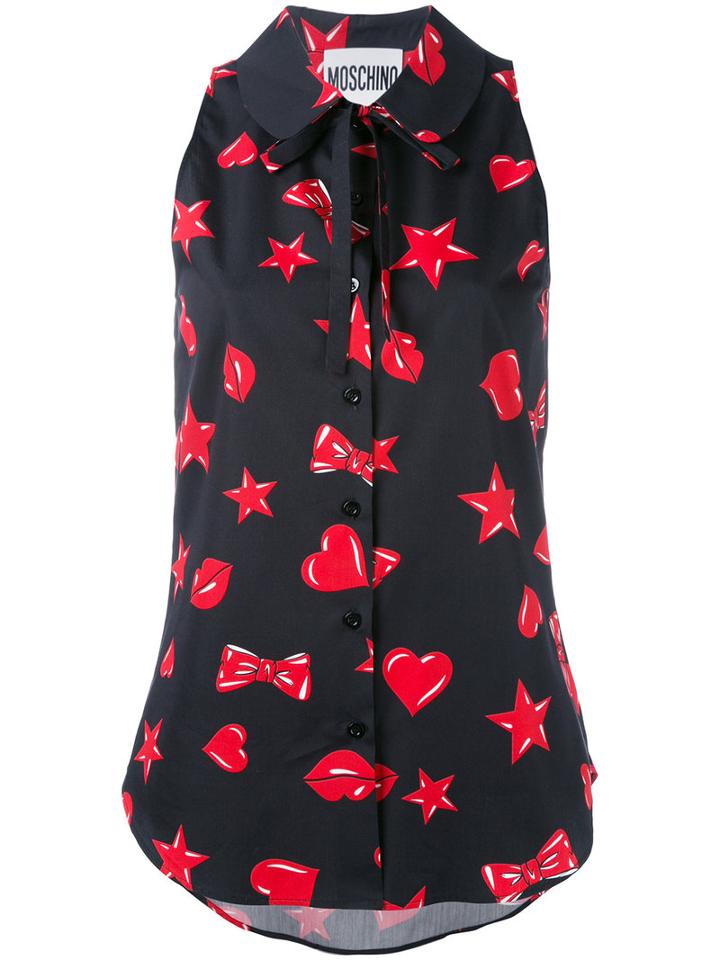 Moschino Kiss Printed Sleeveless Shirt, Women's, Size: 40, Black, Silk/cotton