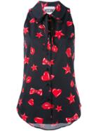 Moschino Kiss Printed Sleeveless Shirt, Women's, Size: 40, Black, Silk/cotton