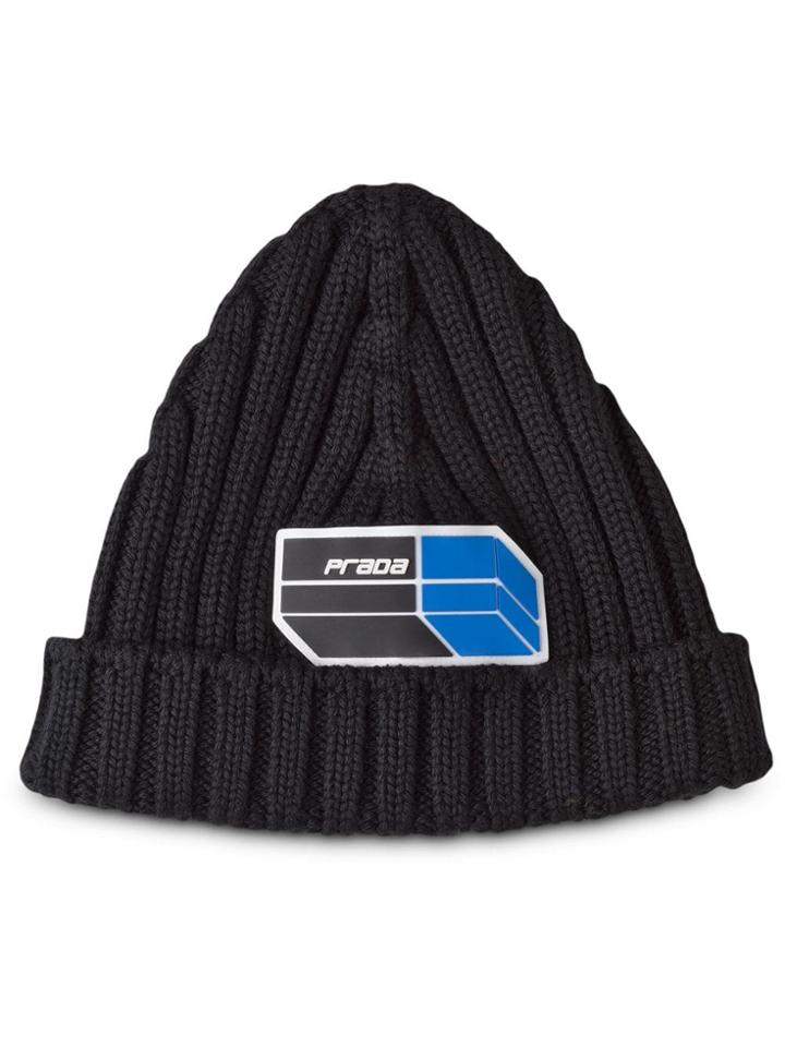 Prada Wool Cap With Patch - Black