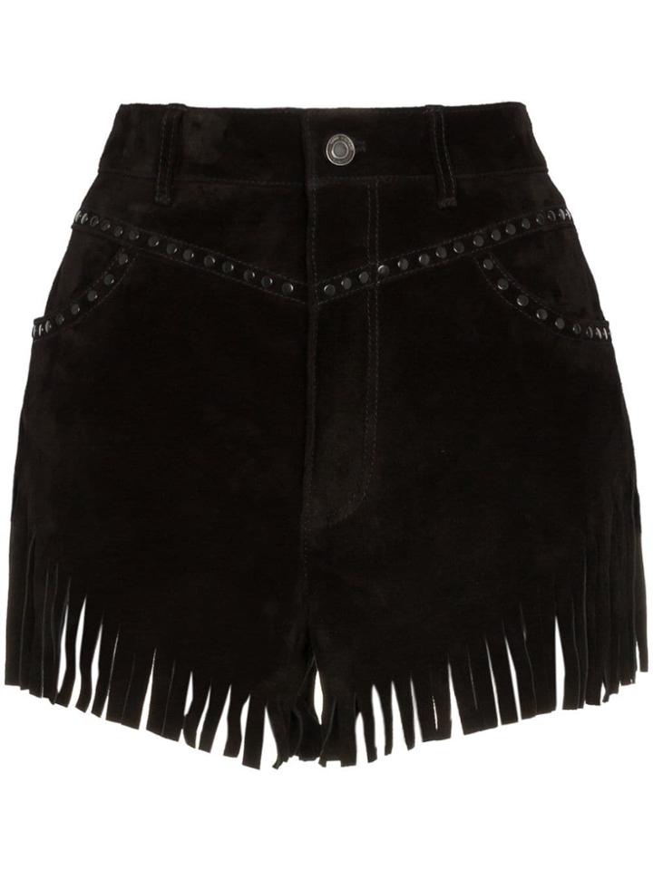 Saint Laurent Fringed Stud Embellished Suede Shorts - Black