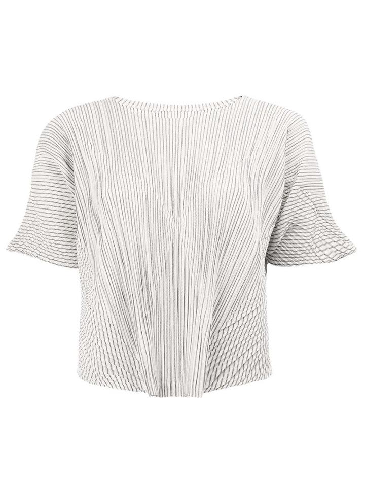 Pleats Please By Issey Miyake Cropped Pleated Blouse, Women's, Size: 4, White, Cotton/polyester