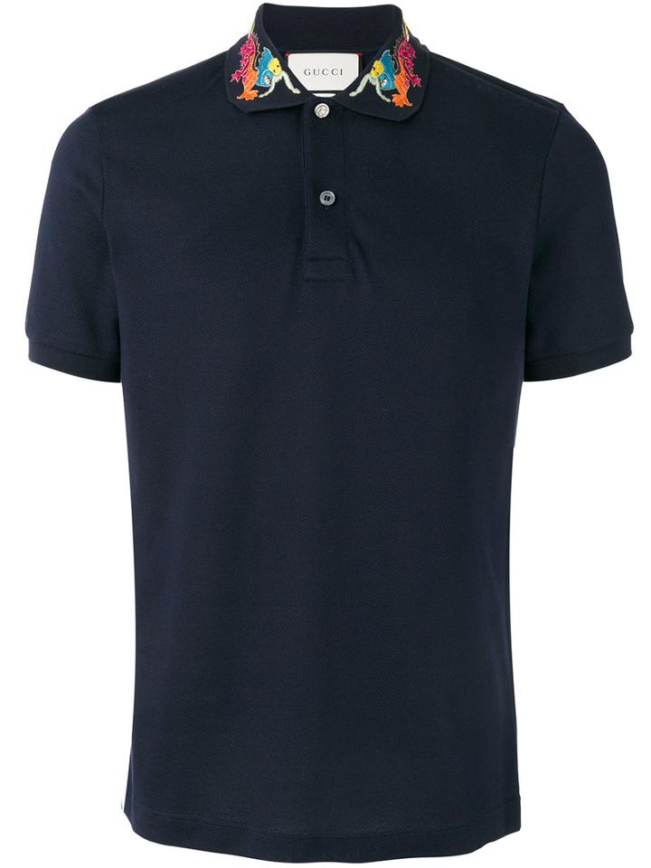 Gucci Embroidered Collar Polo Shirt, Men's, Size: Small, Blue, Cotton/spandex/elastane/cupro/polyester
