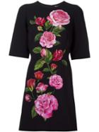 Dolce & Gabbana Rose Print Cady Dress, Women's, Size: 44, Black, Viscose/silk/spandex/elastane/cotton