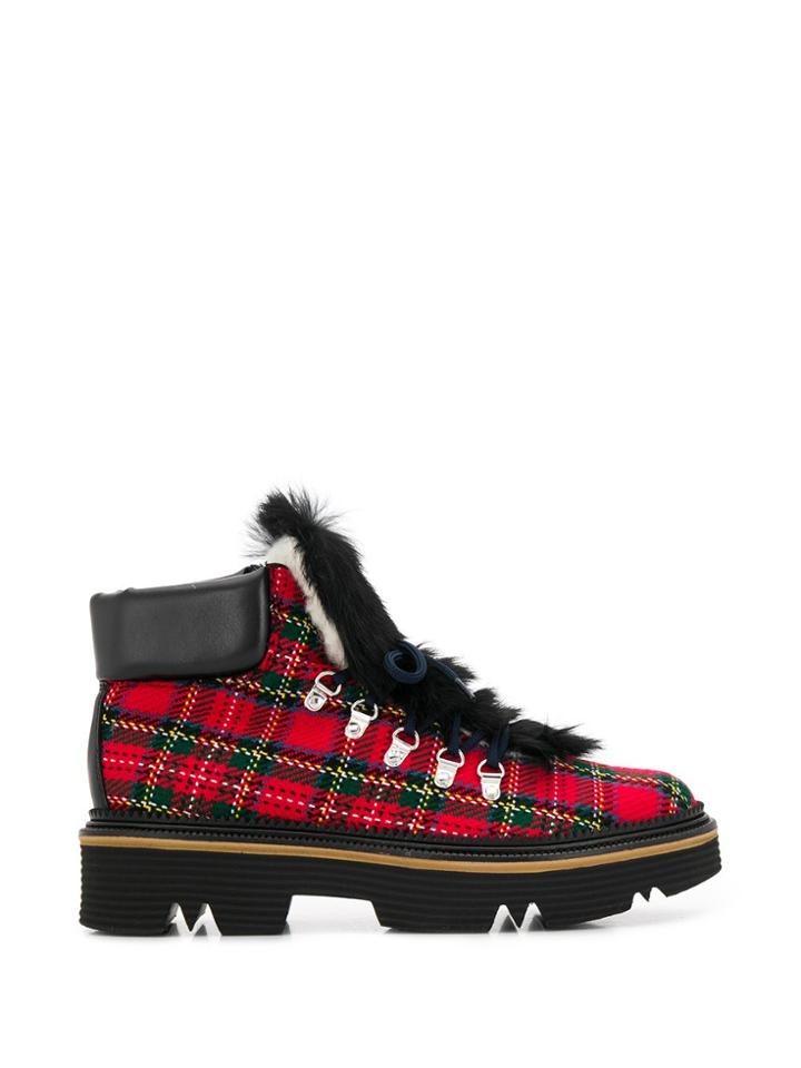 Pollini Check Print Fur Trim Boots - Red
