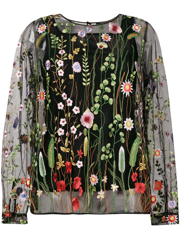 Odeeh Sheer Floral Embroidered Blouse - Black