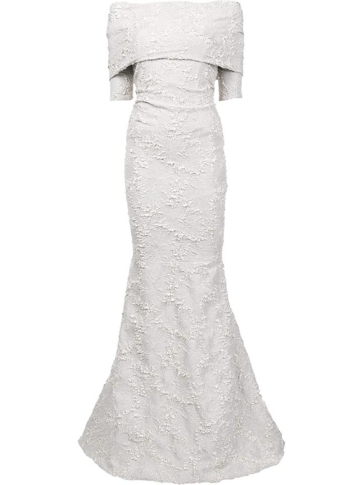 Off-the-shoulder Jacquard Gown, Women's, Size: 14, Grey, Polyester/polyamide-8, Carolina Herrera