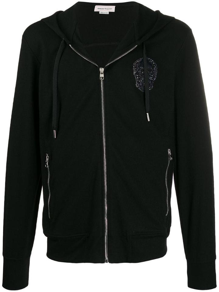 Alexander Mcqueen Embroidered Beaded Skull Zipped Hoodie - Black