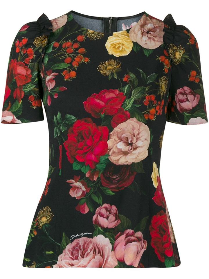 Dolce & Gabbana Rose Print Ruffle Blouse - Black