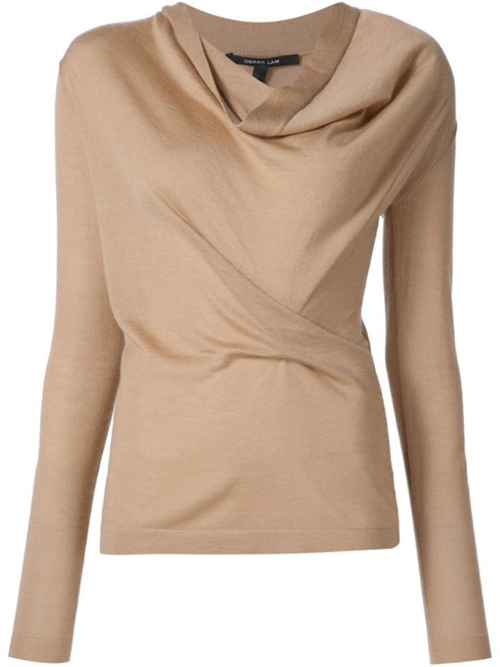 Derek Lam Long Sleeve Sweater With Drape Front - Nude & Neutrals