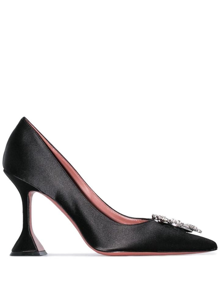 Amina Muaddi Black Begum 95 Satin Crystal Buckle Pumps