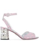 Prada Patterned Embellished Block Heel Sandals - Pink & Purple