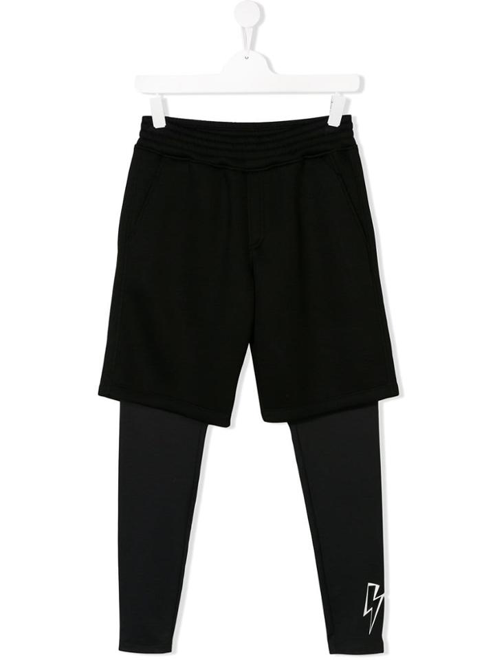 Neil Barrett Kids Teen Lightning Bolt Printed Legging Shorts - Black