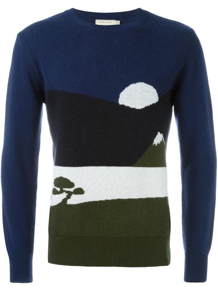 Maison Kitsuné Landscape Intarsia Jumper, Men's, Size: Small, Blue, Wool