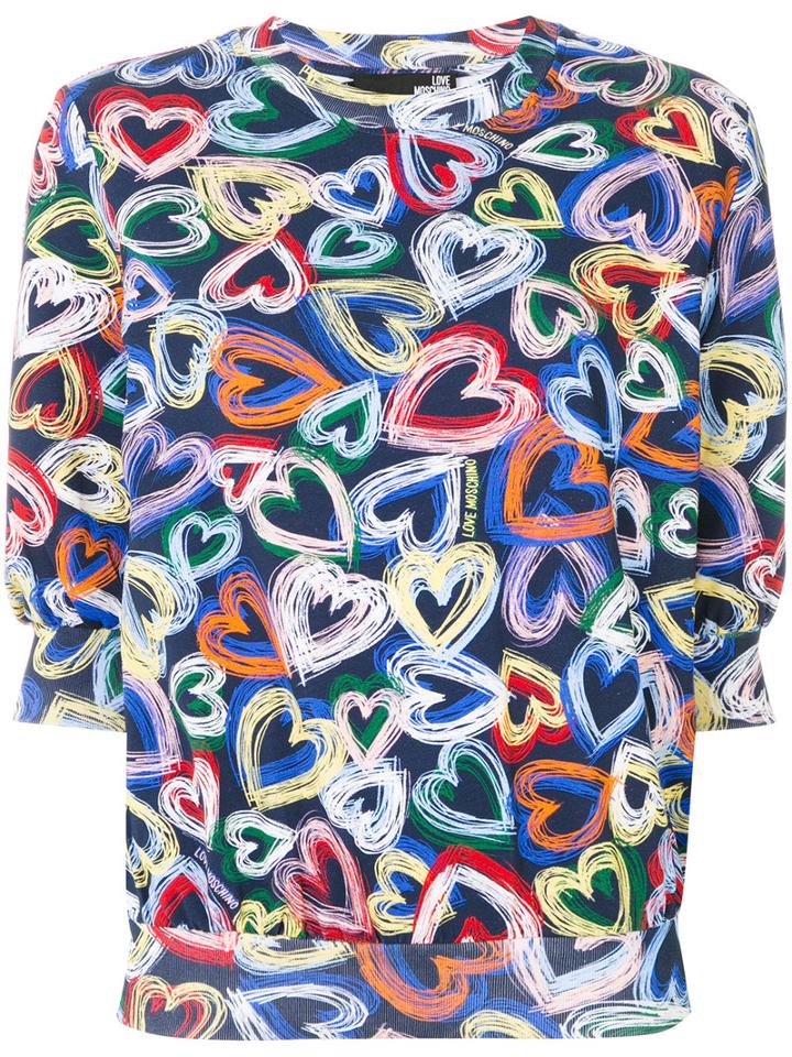 Love Moschino - Hearts Print Top - Women - Cotton/spandex/elastane - 38, Blue, Cotton/spandex/elastane