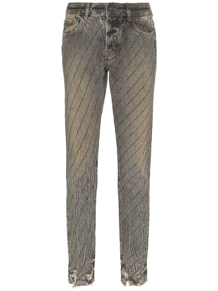 Filles A Papa Crystal-stripe Distressed Jeans - Grey
