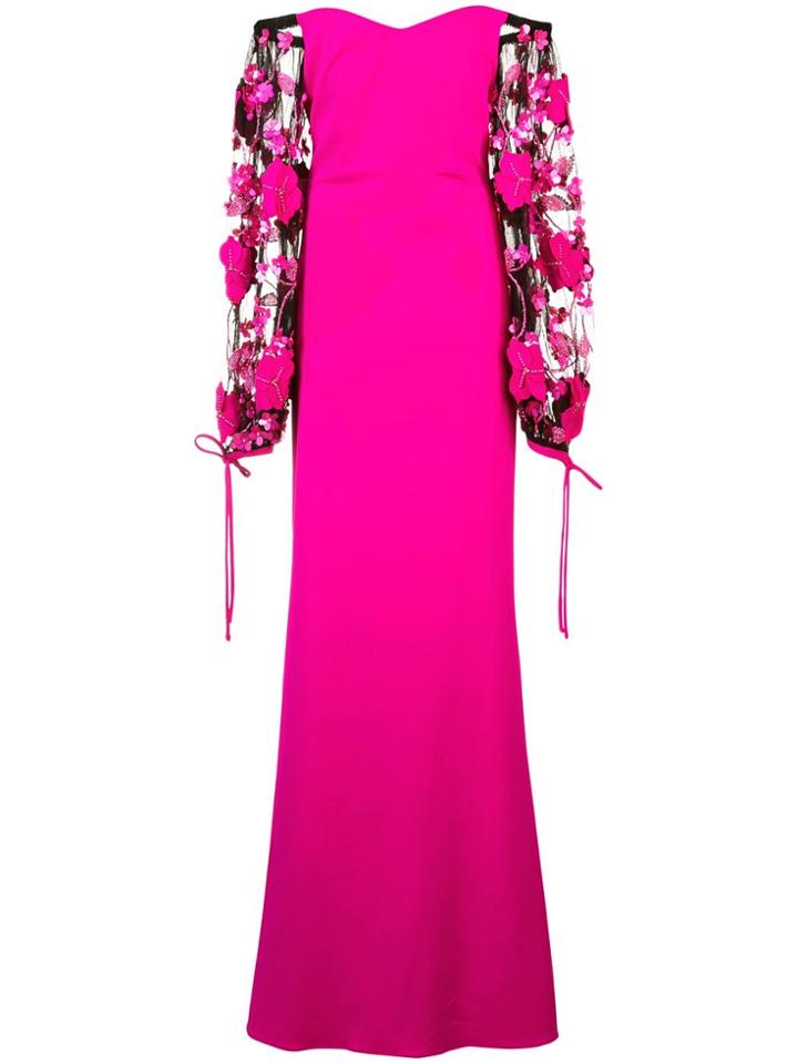 Badgley Mischka Off The Shoulder Appliqué Sleeve Gown - Pink
