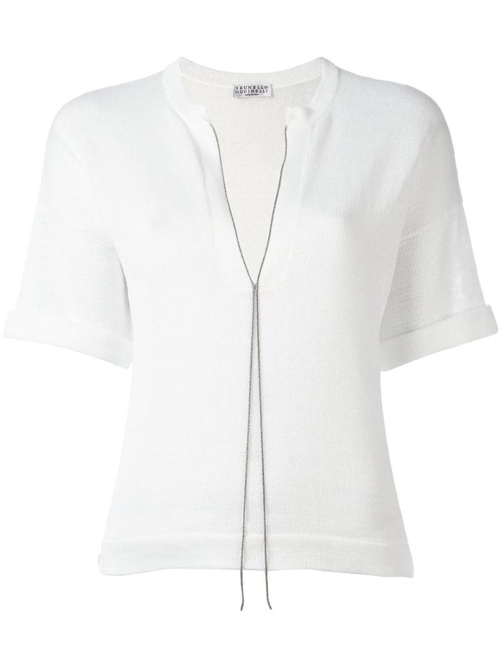 Brunello Cucinelli V Neck Top, Women's, Size: Large, White, Cotton/brass