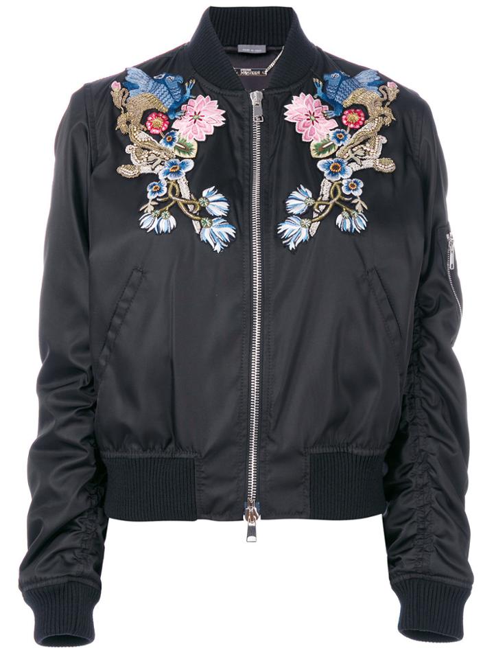 Alexander Mcqueen Floral And Gryphon Embroidered Bomber Jacket - Black