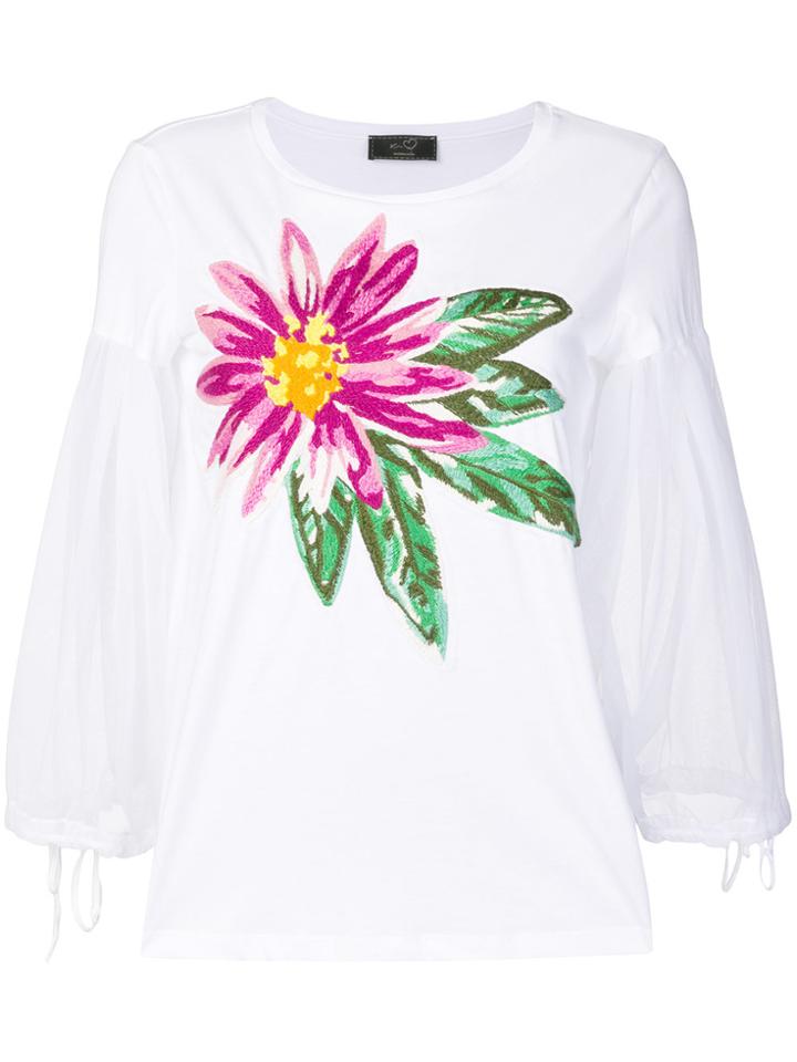 Ki6 Embroidered Flower Balloon Sleeve Sweater - White