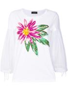 Ki6 Embroidered Flower Balloon Sleeve Sweater - White