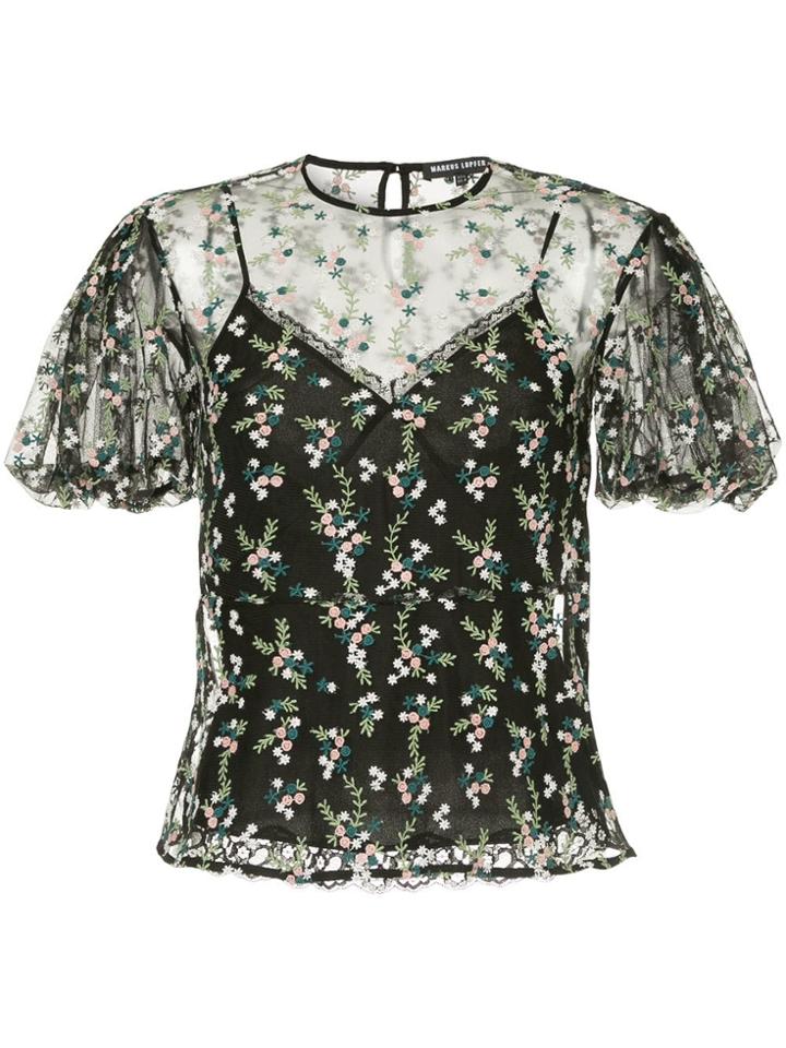 Markus Lupfer Floral Embroidered Sheer Top - Black