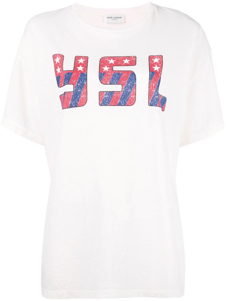 Saint Laurent Brand Print T-shirt, Women's, Size: Small, Nude/neutrals, Cotton