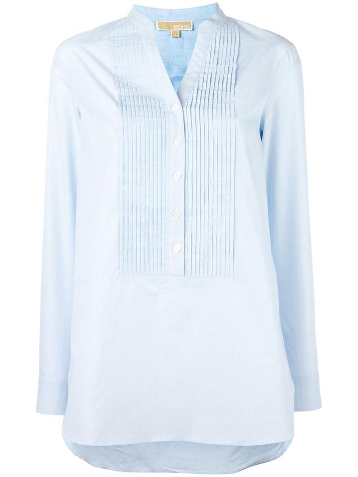Michael Michael Kors Ribbed Trim Blouse, Women's, Size: Large, Blue, Cotton/polyester