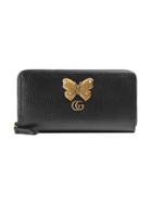 Gucci Leather Zip Around Wallet With Butterfly - Black